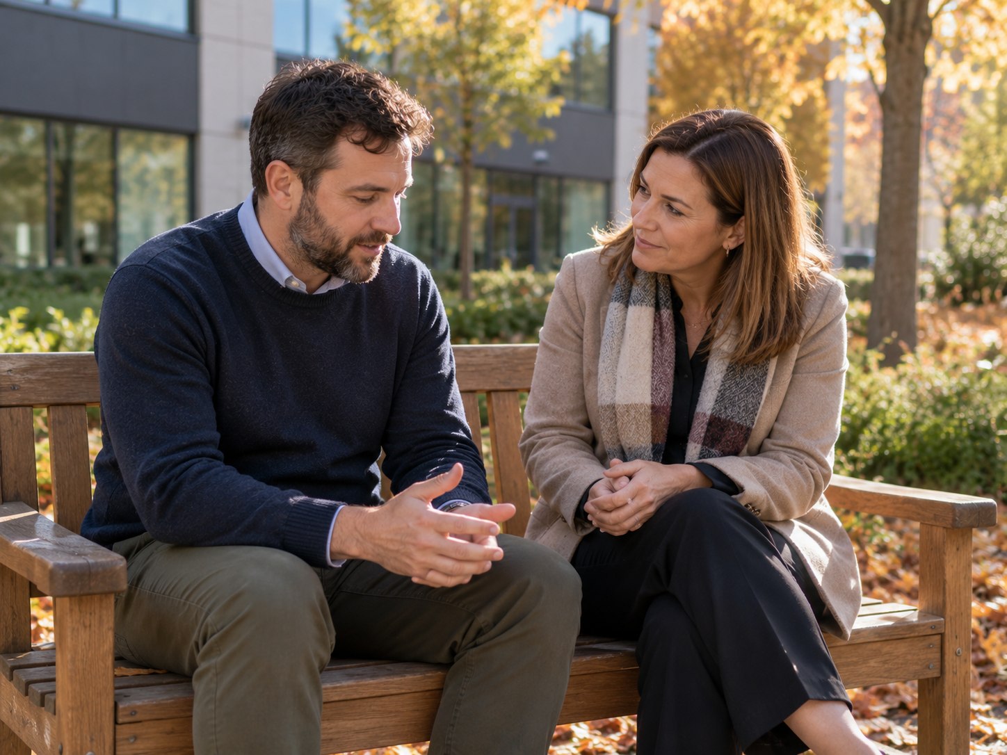 Two colleagues talking quietly on a bench outside their office in autumn