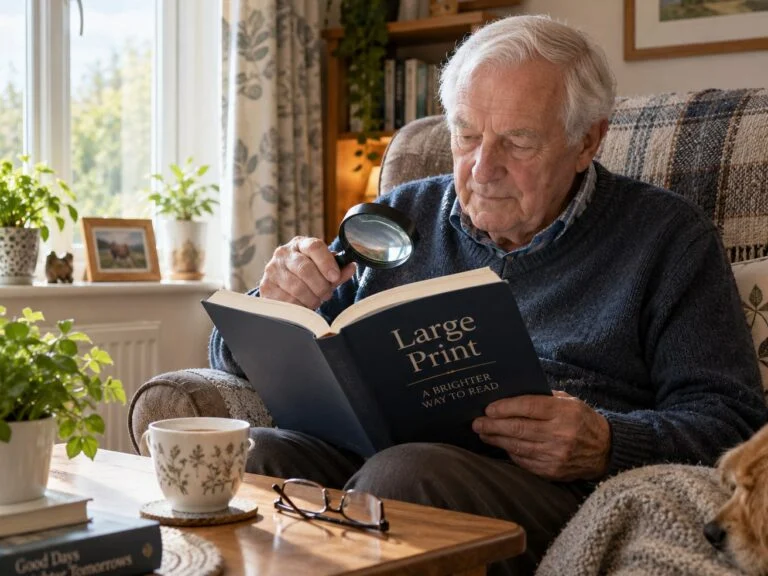 An older man reading a large print book with a magnifying glass in his armchair