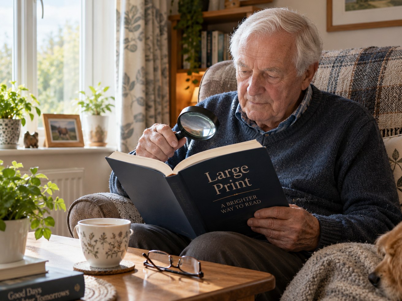An older man reading a large print book with a magnifying glass in his armchair