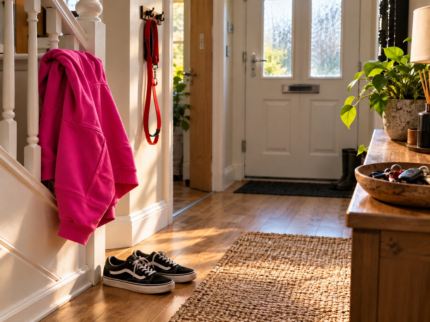 A hallway at home with a dog lead hanging by the front door, a coat over the bannister and trainers on the floor