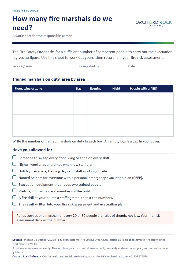 Preview of the How many fire marshals do I need? worksheet from Orchard Rock Training