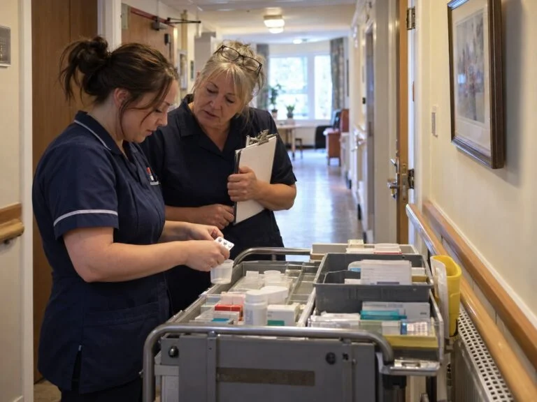 A senior carer with a clipboard watching a care worker prepare medicines at a medicines trolley in a care home corridor