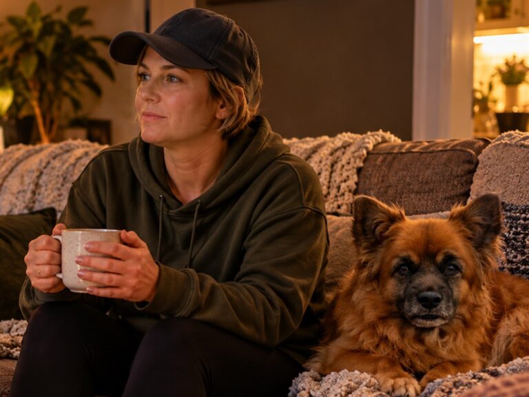 A woman sitting quietly on a sofa with a mug of tea, her dog settled beside her in lamplight