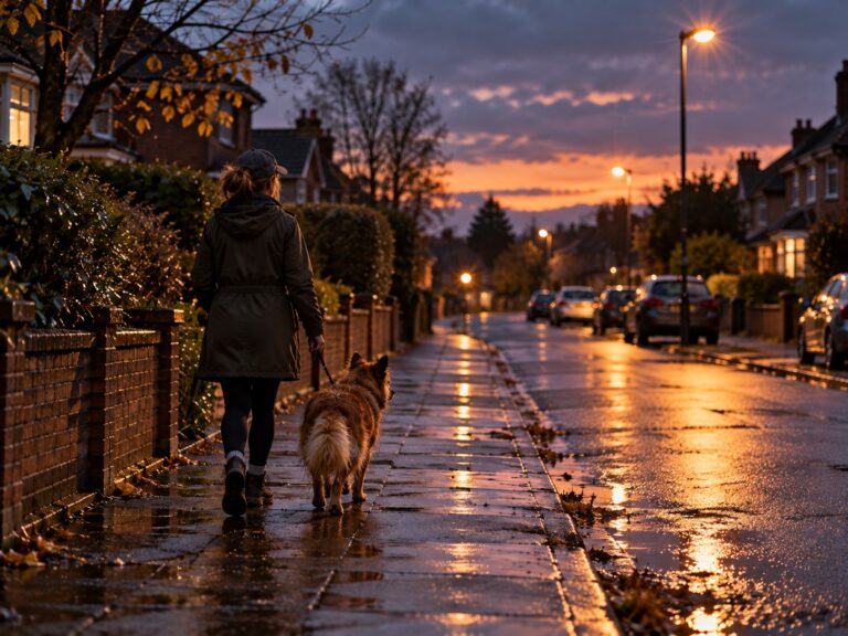 A woman walking her dog along a wet suburban street at dusk, lit by street lamps